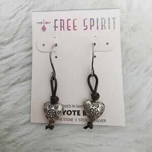Peyote Bird Santa Fe Sterling Silver Heart Charm Drop Earrings Leather Knot NEW